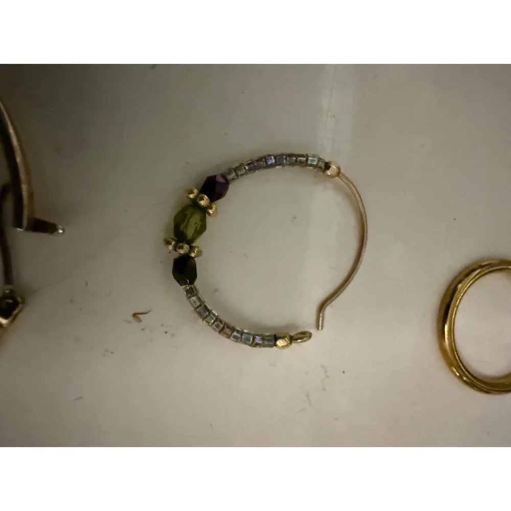 Gold Tone Hoop Earring Set Large Black Enamel Beaded Boho and Small Huggie Hoops